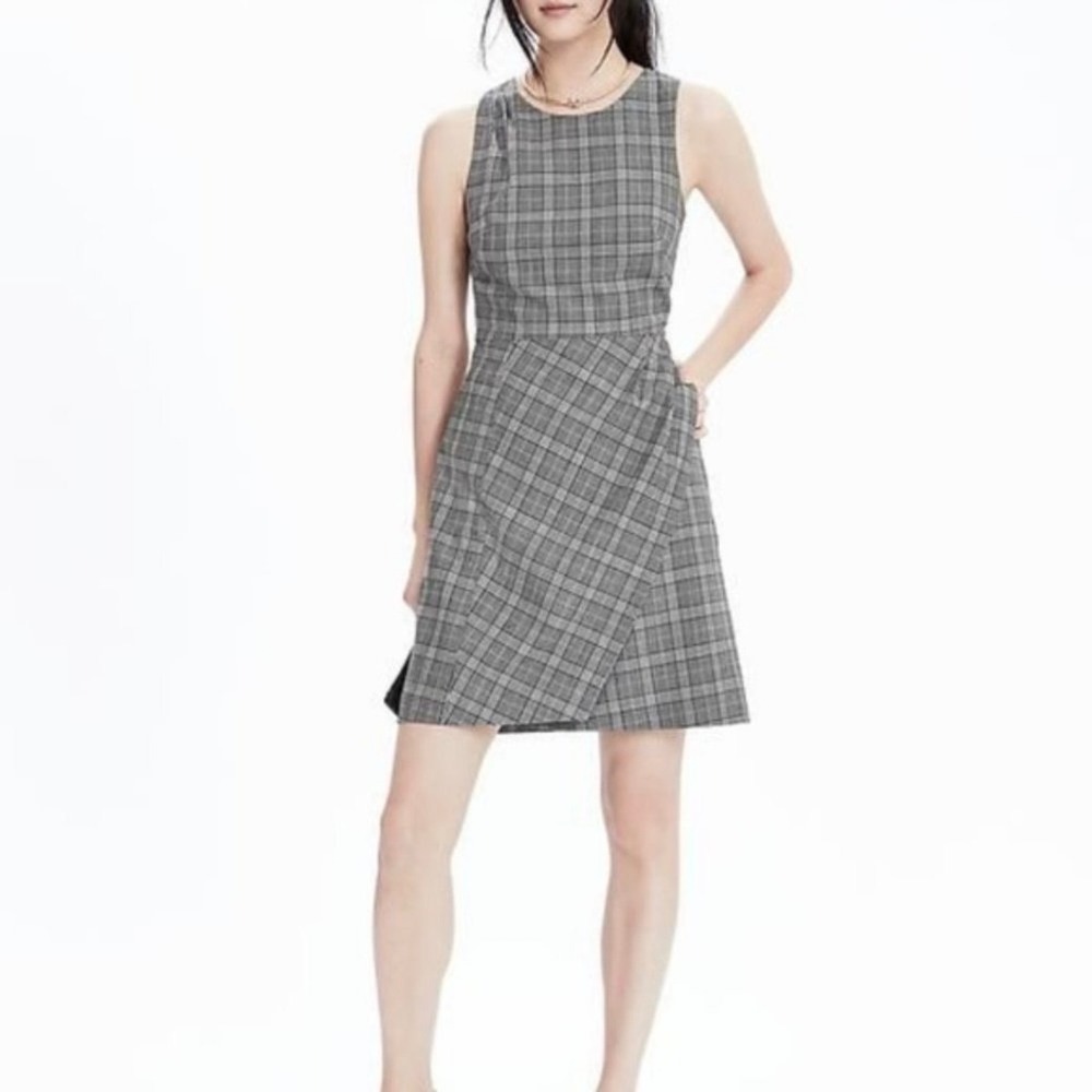 Banana Republic Gray Plaid Sleeveless Wool Blend Fit & Flare Dress Size 14